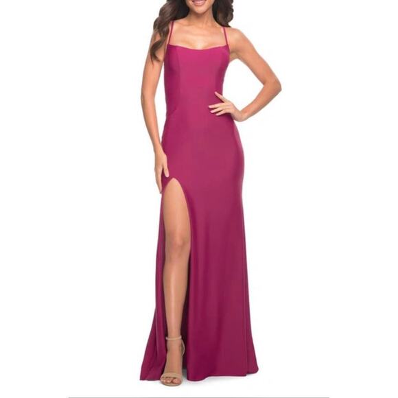 La Femme Fuchsia Strappy Gown Square Neckline and Slit Women's Size 0 NWOT - Picture 4 of 12